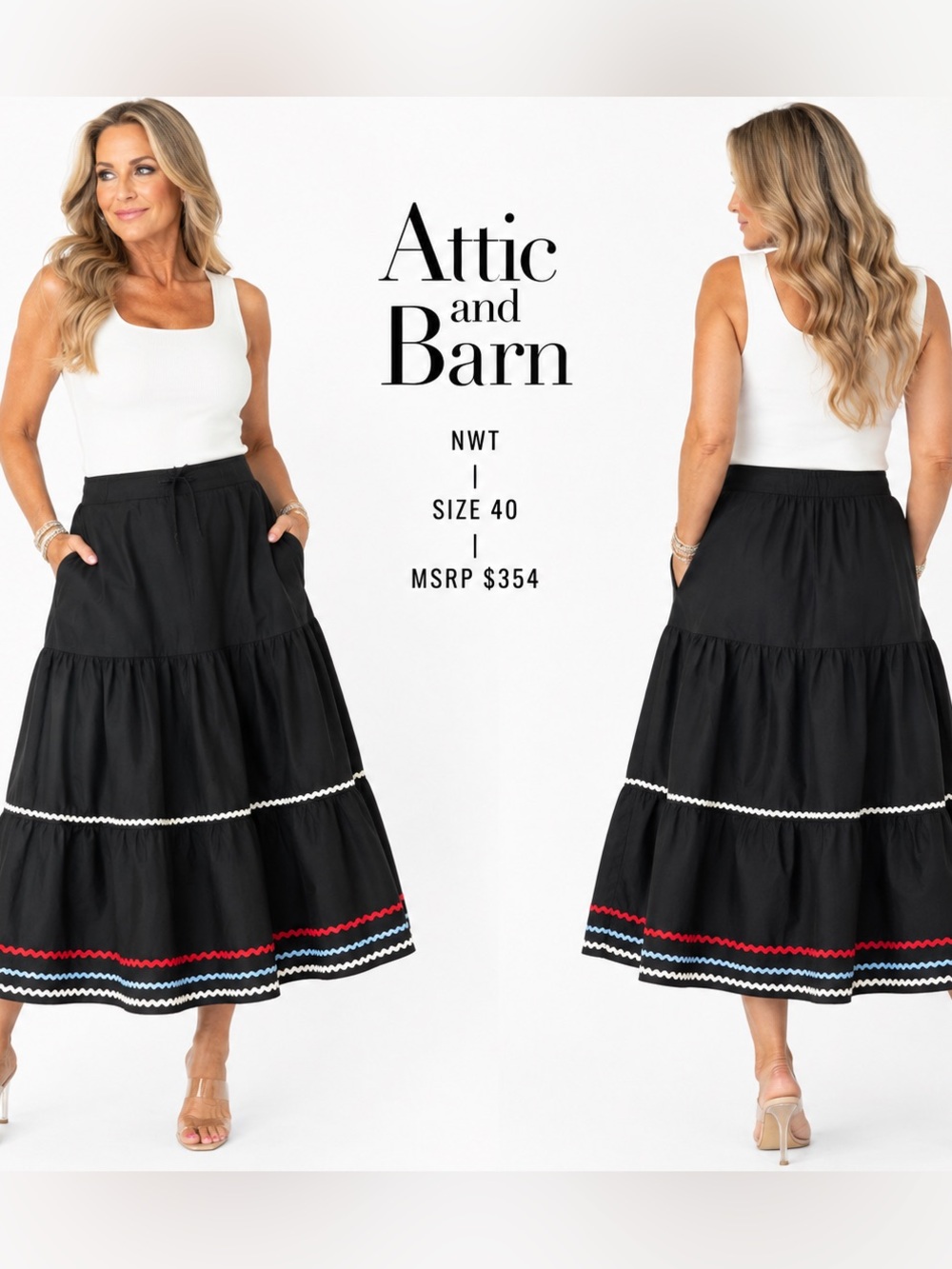 Attic and Barn Italy Designer Tiered Midi Maxi Skirt Ric Rac Trim $354